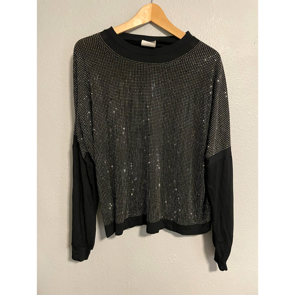 Vocal USA Womens Top Medium Black Rhinestone Long Sleeve Rave Clubwear Grunge